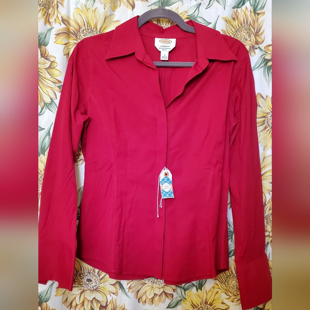 Talbots Red Stretch Wrinkle Resistant Button Down Tailored Dress Blouse Size 8